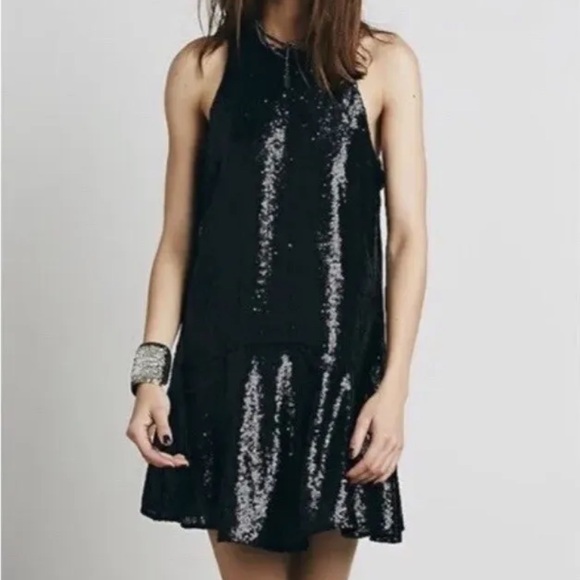 Free People Black Sequin Mini Dress Swing Racerback Boho Shiny Cocktail … - Picture 1 of 8